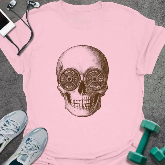 Light Pink t-shirt with Skull illustration with barbell weights as eye sockets, in brown sepia-tone engraving style