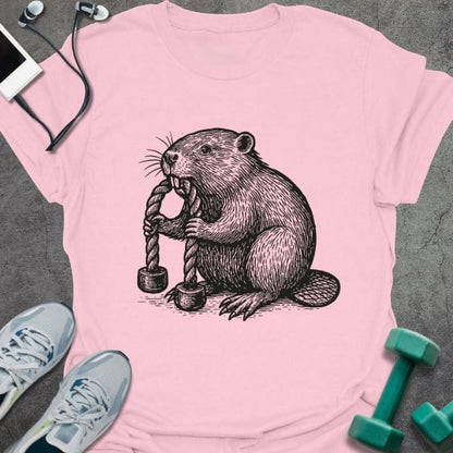 Light pink t-shirt with beaver chewing wood
