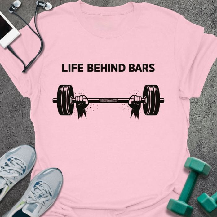 Light pink t-shirt printed with "Life Behind Bars", with a barbell