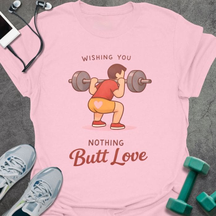 Light pink t-shirt printed with "WISHING YOU NOTHING Butt Love" in orange and red, with woman lifting barbell