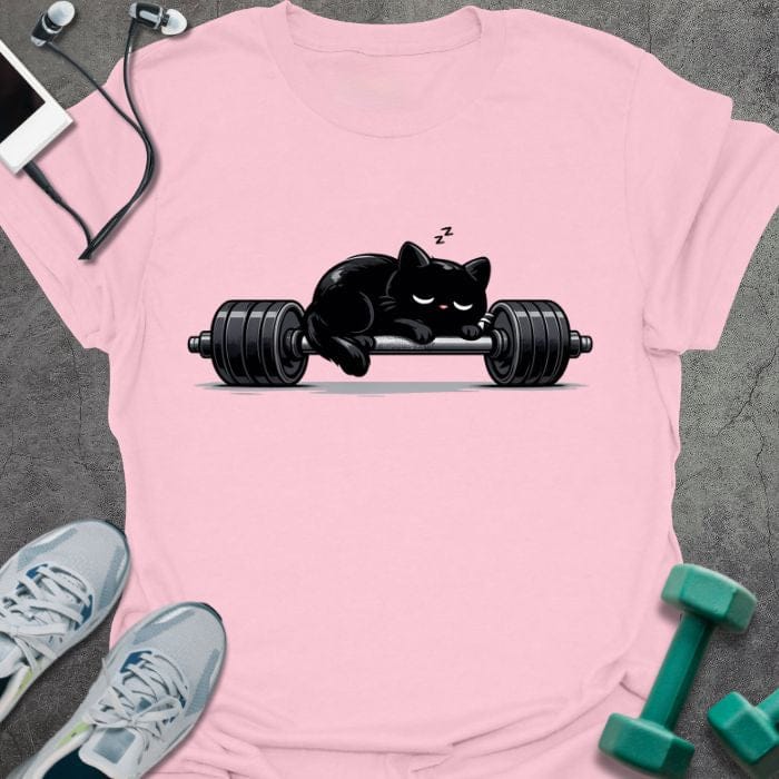 Light pink t-shirt with an illustration of a black cat sleeping on a barbell in black