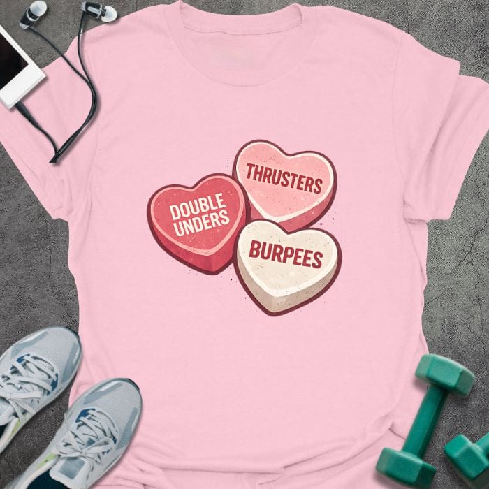 Light pink t-shirt printed with "Double Unders Thrusters Burpees" in red, pink, cream, with three candy hearts in red, pink, and cream