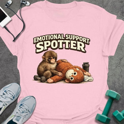 Light pink t-shirt printed with "Emotional Support Spotter", with illustration of monkey and teddy bear