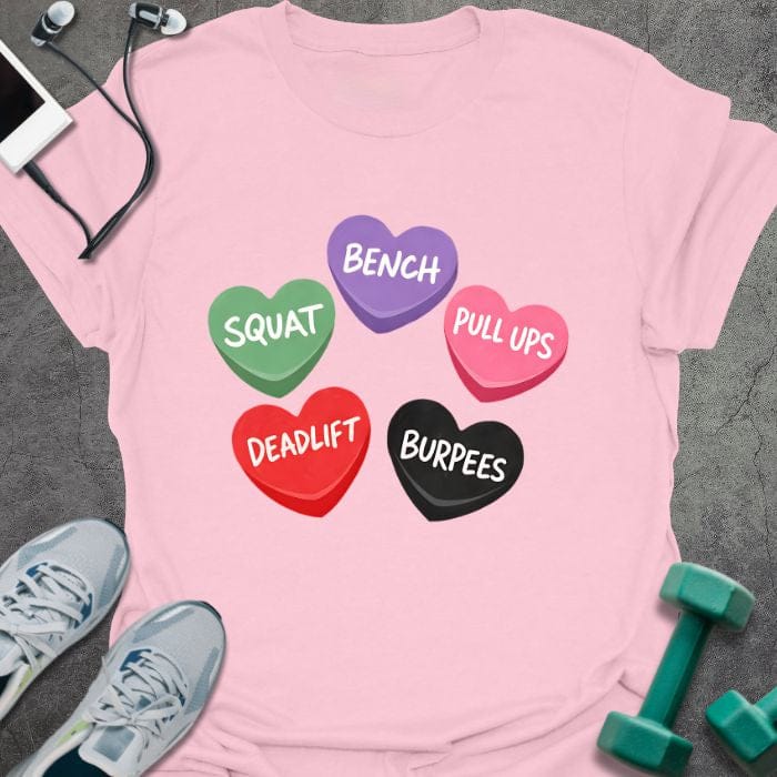 Light pink t-shirt printed with "Bench Squat Pull Ups Deadlift Burpees" in purple, green, pink, red, black, with five candy hearts in purple, green, pink, red, and black