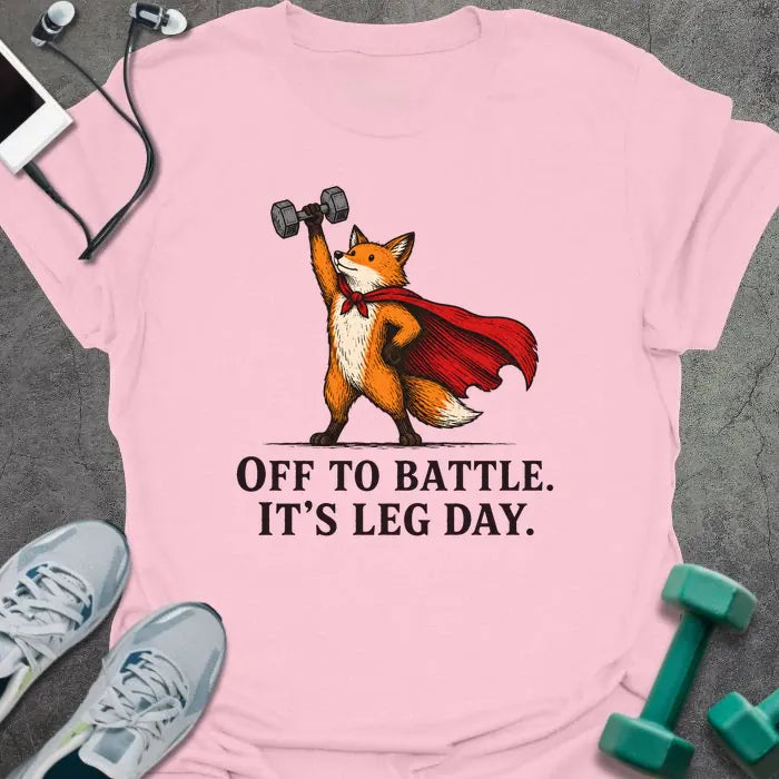 Light Pink t-shirt printed with "OFF TO BATTLE. IT'S LEG DAY." in black lettering, with a red fox wearing a red cape and holding a dumbbell