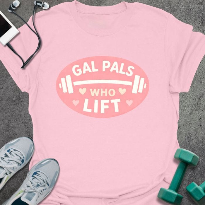 Light pink t-shirt printed with "Gal Pals Who Lift" in white, pink, with a barbell