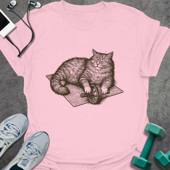 Light pink t-shirt with cat on exercise wheel