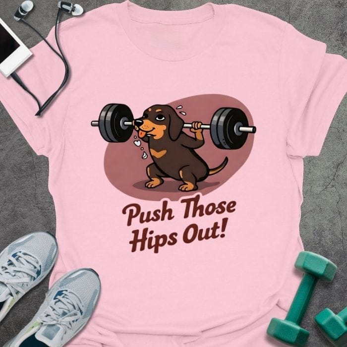 Light pink t-shirt printed with "Push Those Hips Out!" in tan, brown, with a dachshund lifting a barbell