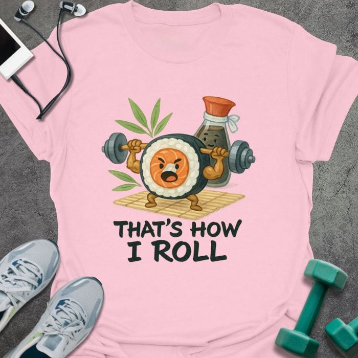 Light pink t-shirt printed with "That's How I Roll", with an illustration of sushi and sauce lifting weights