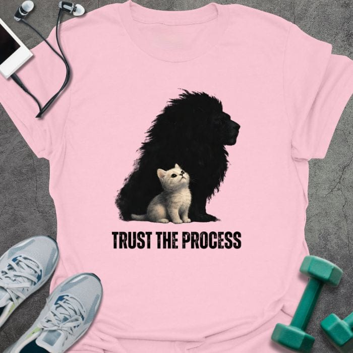 Light pink t-shirt printed with "Trust the Process", with a white kitten casting a lion shadow