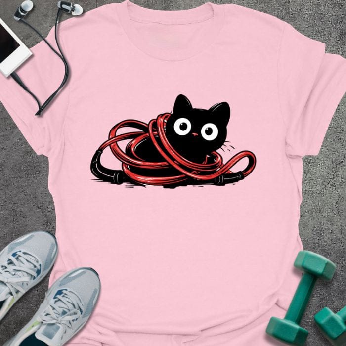 Light pink t-shirt with a black cat tangled in a red jump rope in red, black, white
