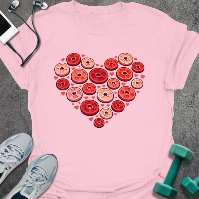 Light pink t-shirt with weight plates arranged in a heart shape in red, tan, pink, white