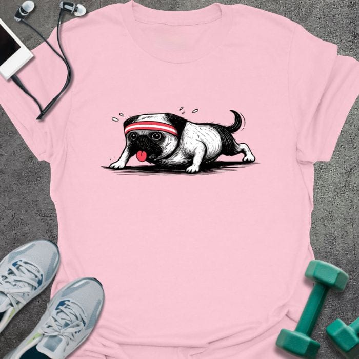 Light pink t-shirt with pug doing planks