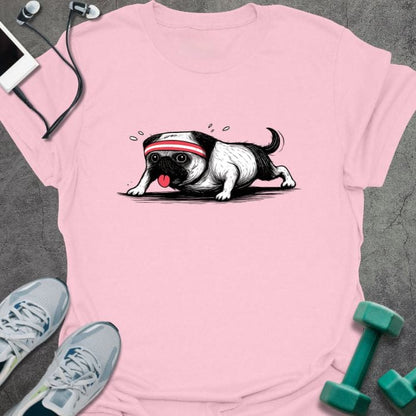 Light pink t-shirt with pug doing planks