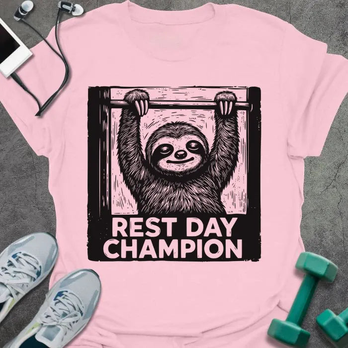 Light pink t-shirt printed with "Rest Day Champion" in black and white, with sloth graphic in frame