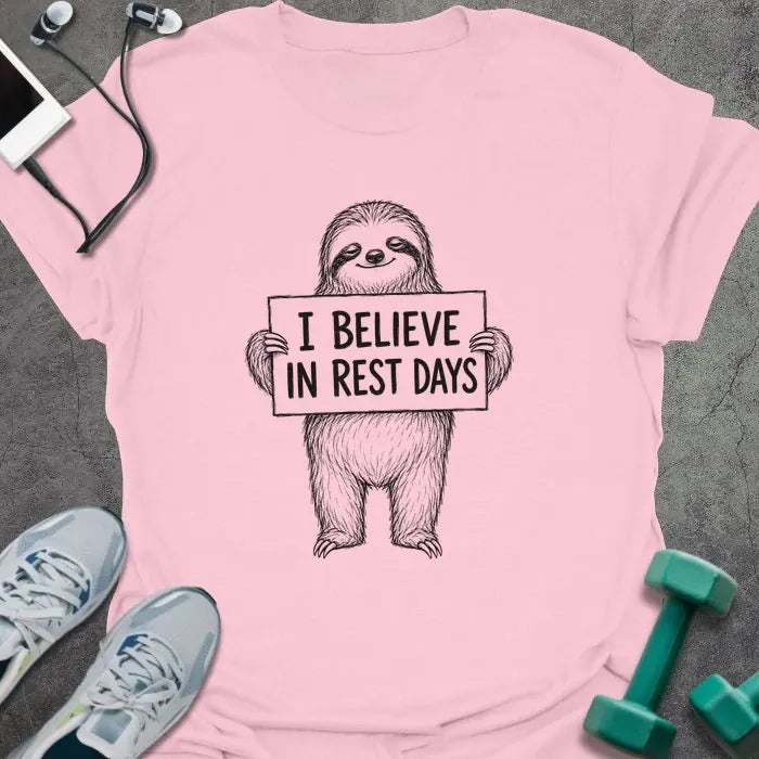 Light pink t-shirt printed with "I BELIEVE IN REST DAYS" in black, with sloth holding sign