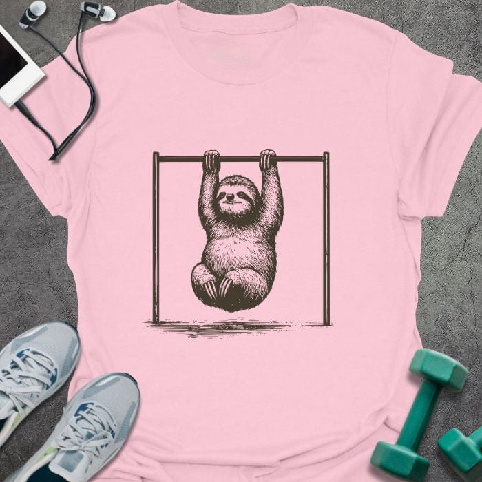 Light pink t-shirt with sloth hanging from bar