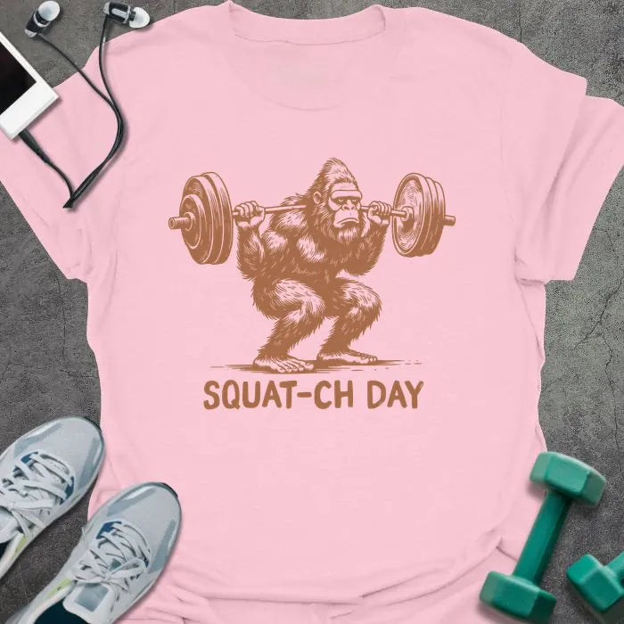 Light pink t-shirt with an illustration of a sasquatch lifting barbell in rust