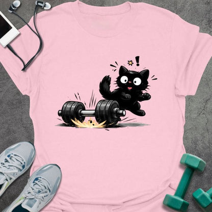 Light pink t-shirt with an illustration of a surprised black cat and dumbbells in black