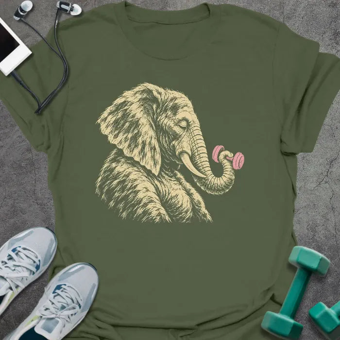Military green t-shirt printed with a sketched elephant curling a pink dumbbell with its trunk