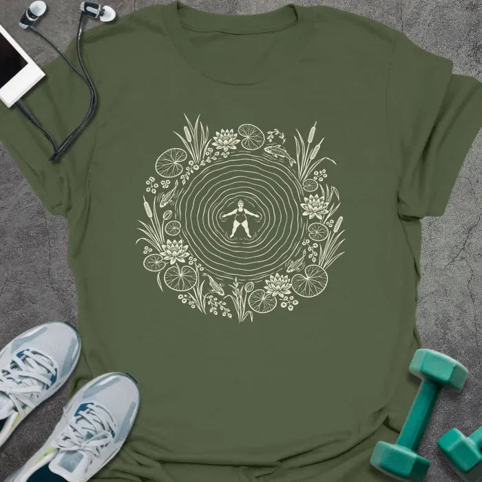 Military green t-shirt printed with cream line art of a woman floating on her back in a rippling pond, ringed by water lilies, lily pads, cattails and koi