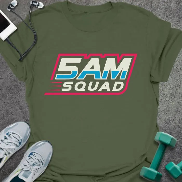 Military green t-shirt printed with "5AM Squad" in white, pink, and cyan, with racing-style stripe graphic