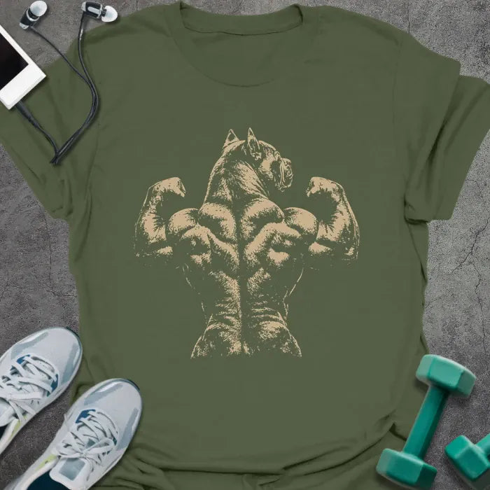 Military green t-shirt with an abstract illustration of muscular back with horse's head in white