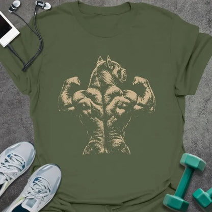 Military green t-shirt with an abstract illustration of muscular back with horse's head in white
