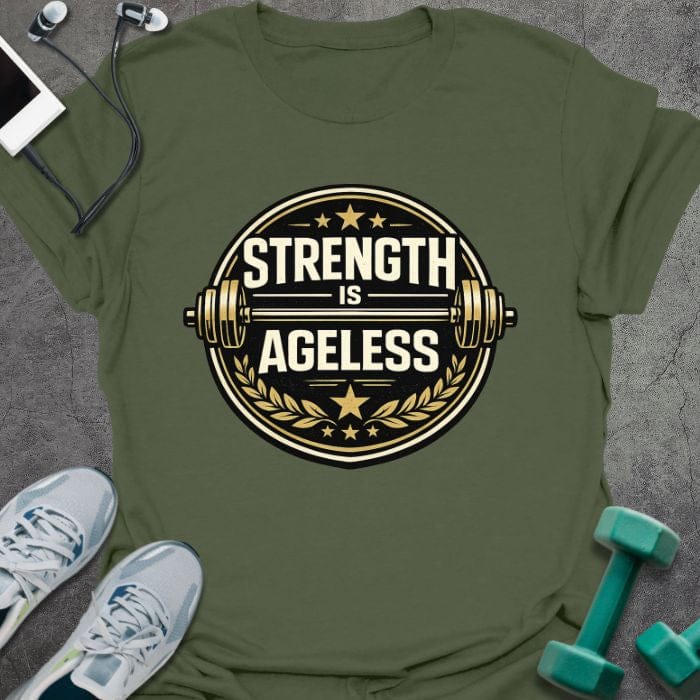 Military green t-shirt printed with "Strength is Ageless" in gold and white, with a circular barbell badge and stars