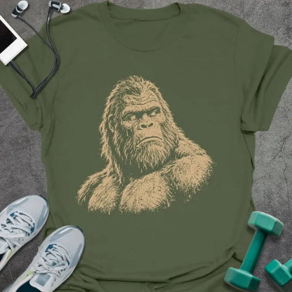 Military green t-shirt with an illustration of Bigfoot's face looking to the side in white
