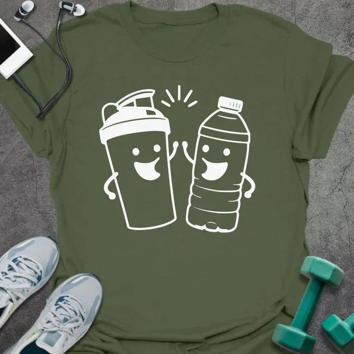Military green t-shirt with a shaker cup and water bottle high-fiving each other