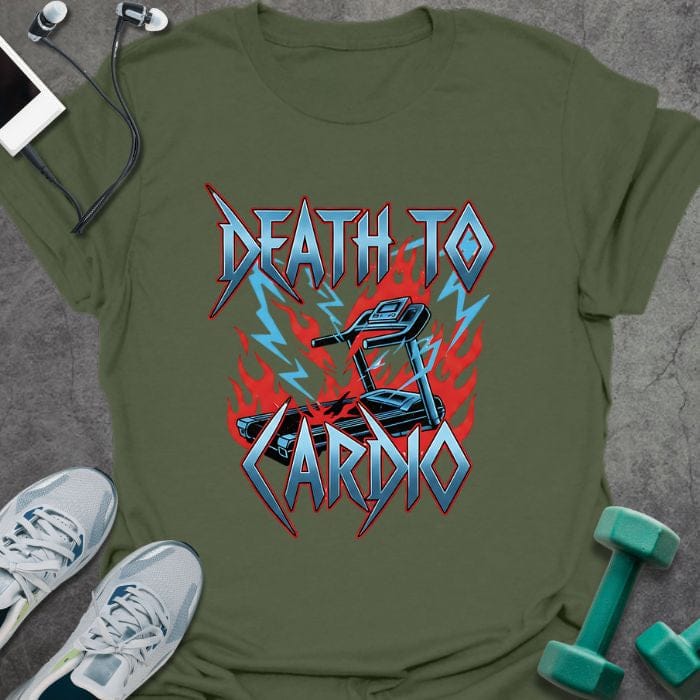 Military green t-shirt printed with "Death to Cardio" in red and blue, with metal band style graphics