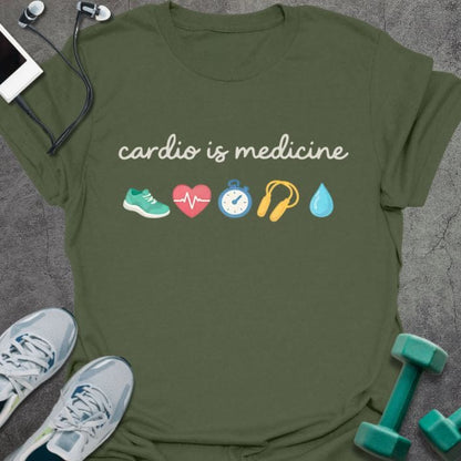 Military green t-shirt printed with "cardio is medicine" in green, red, blue, yellow, with emoji icons: shoe, heart, timer, headphones, water droplet