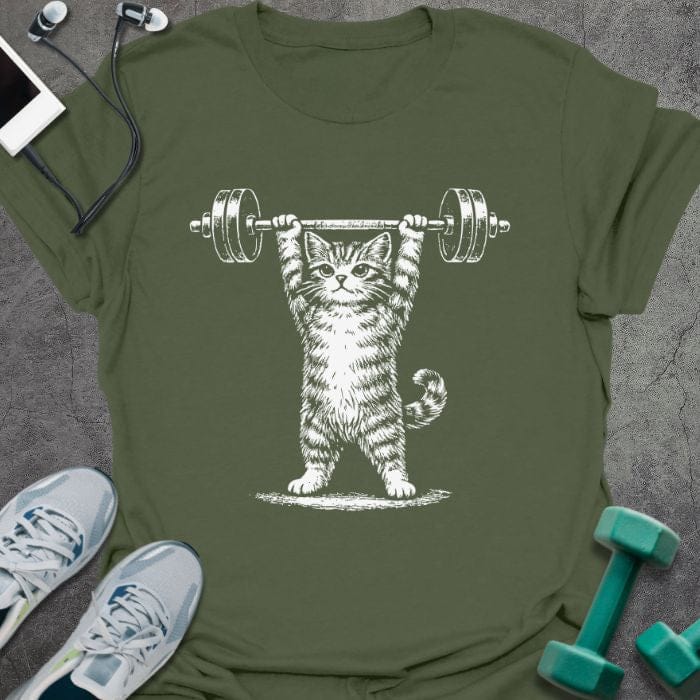 Military green t-shirt with an illustration of a cat doing an overhead press in white