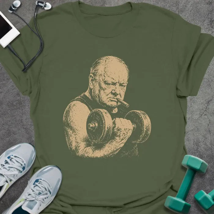Military green t-shirt with a portrait of Winston Churchill holding dumbbells in white