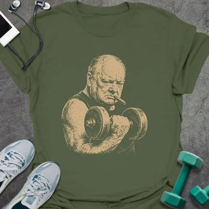 Military green t-shirt with a portrait of Winston Churchill holding dumbbells in white