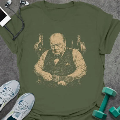 Military green t-shirt with a portrait of Winston Churchill in a tank top in white