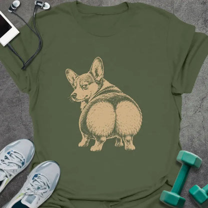 Military green t-shirt with an illustration of a Corgi flexing from behind in white