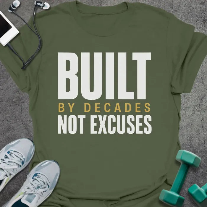 Military green t-shirt printed with "Built By Decades Not Excuses" in white and gold