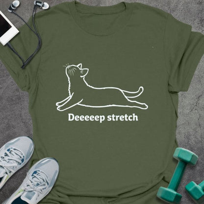 Military green t-shirt printed with "Deeeep stretch" in white, with an illustration of a cat stretching