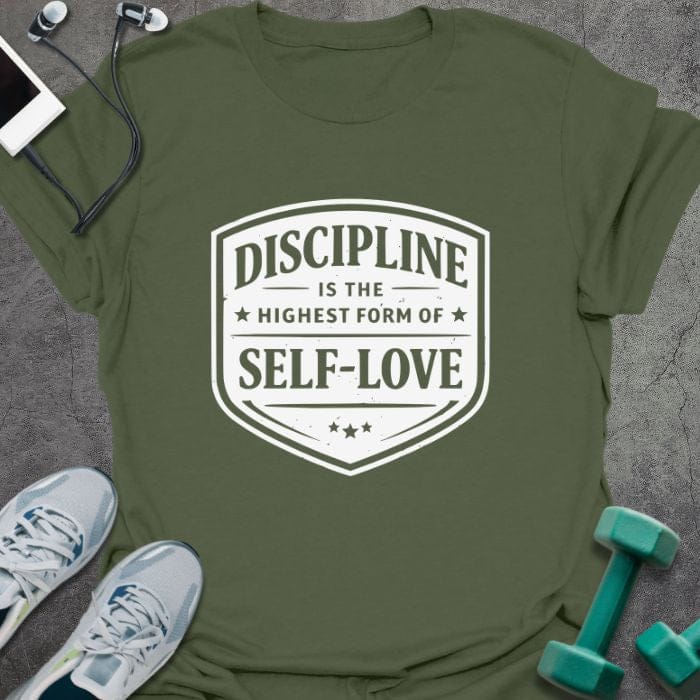 Military green t-shirt printed with "Discipline is the Highest Form of Self-love", with shield badge design