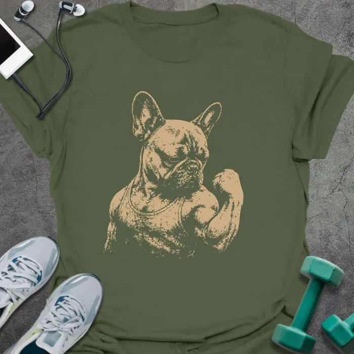 Military green t-shirt with an illustration of a French Bulldog flexing in white
