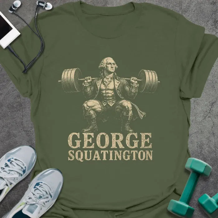 Military green t-shirt printed with "George Squatington" in white and gold, with a historical figure squatting with barbell graphic