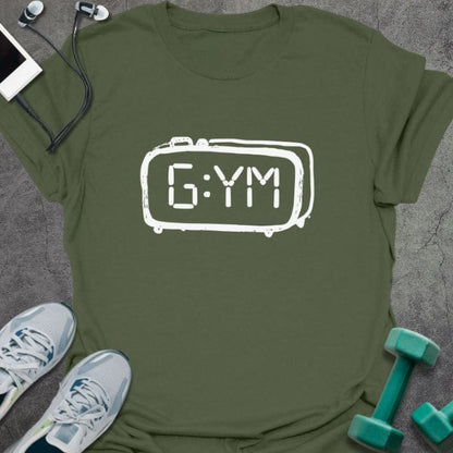 Military green t-shirt printed with "G:ym", with a digital alarm clock outline around the text