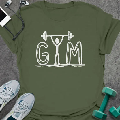 Military green t-shirt printed with "Gym", with an illustration of a figure lifting barbell surrounded by letters G M