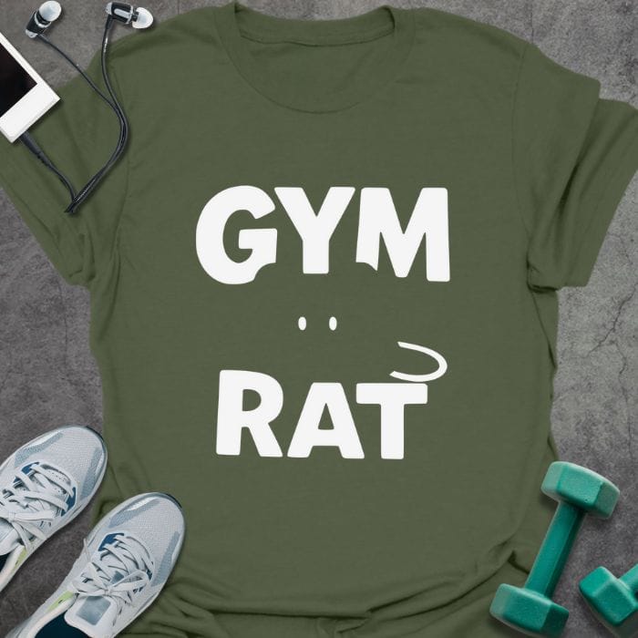 Military green t-shirt printed with "Gym Rat"