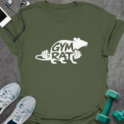 Military green t-shirt printed with "Gym Rat" in white, yellow, with a rat lifting a barbell