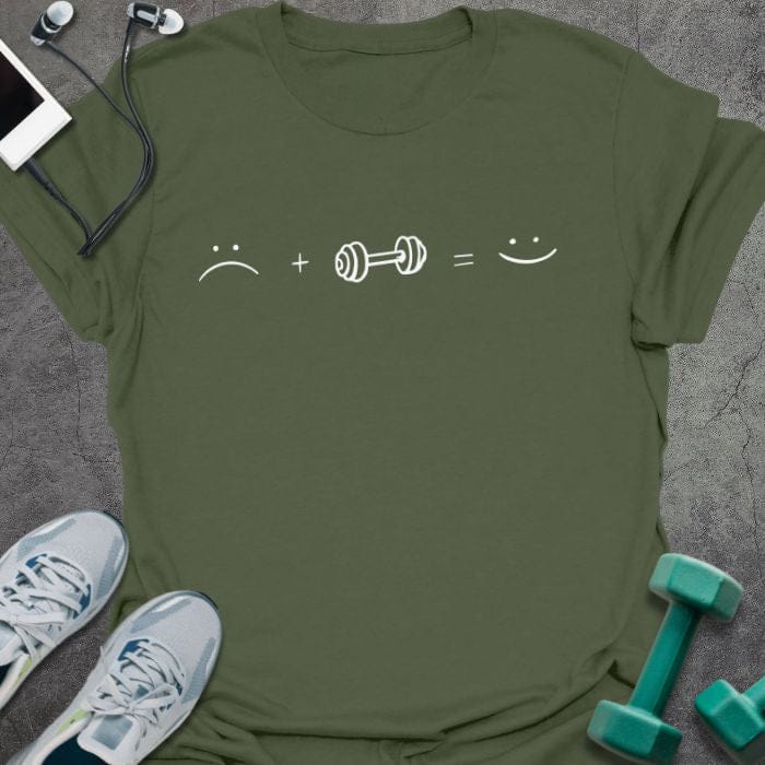 Military green t-shirt with a sad face plus a dumbbell equals a smiley face