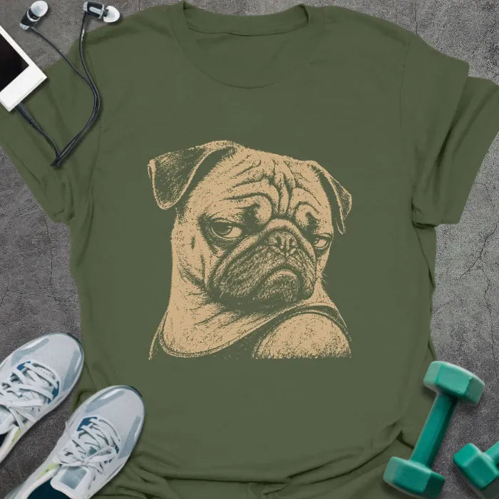 Military green t-shirt with an illustration of a Pug's face in white