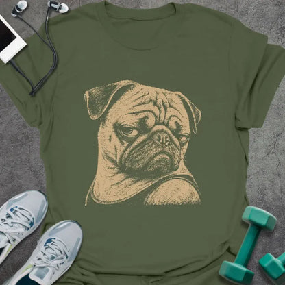 Military green t-shirt with an illustration of a Pug's face in white